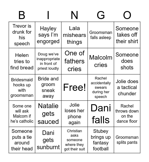 J&M wedding Bingo Card