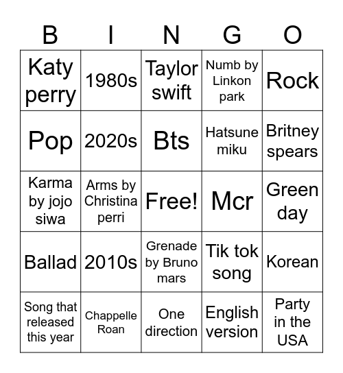 Karaoke Bingo Card