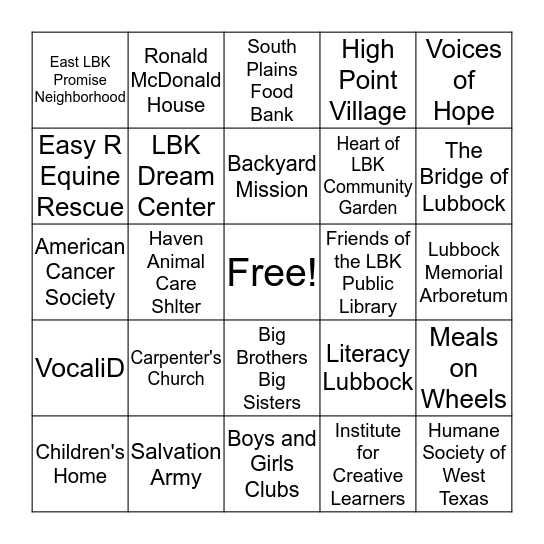 Bingo Give Back Bingo Card