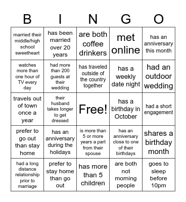 Marriage Bingo Card