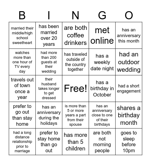 Marriage Bingo Card