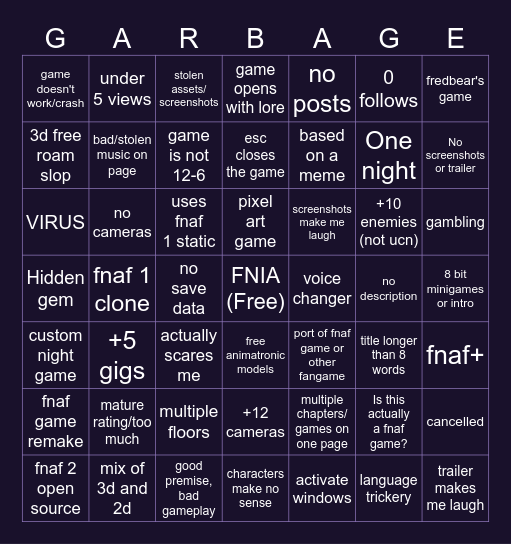 FNAF Gamejolt "Hot" Section Bingo Card