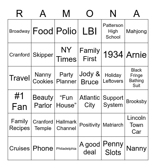 Ramona Bingo Card