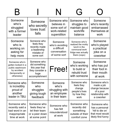 TBU Leadership Bingo Card