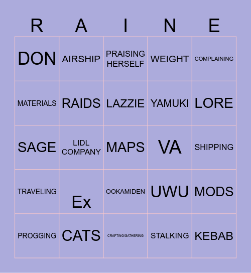 Raine Bingo Card