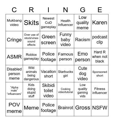 YouTube shorts bingo Card