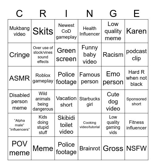 YouTube shorts bingo Card