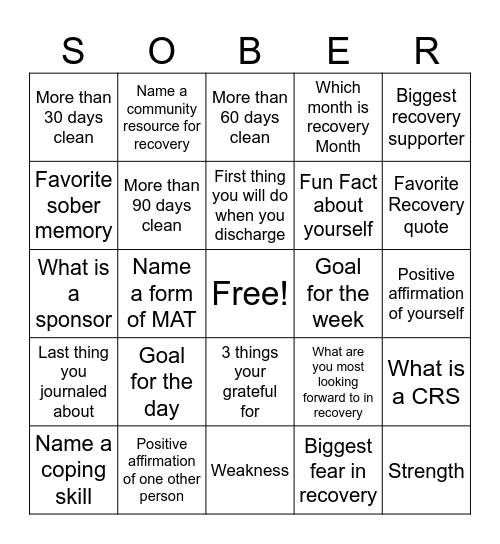 Recovery Bingo Card