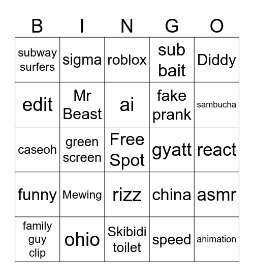 Youtube Shorts Bingo Card