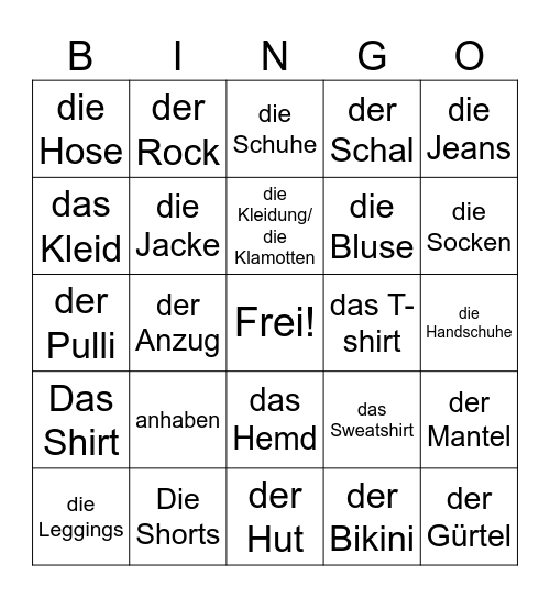 Kapitel 7 Vokabeln Bingo Card