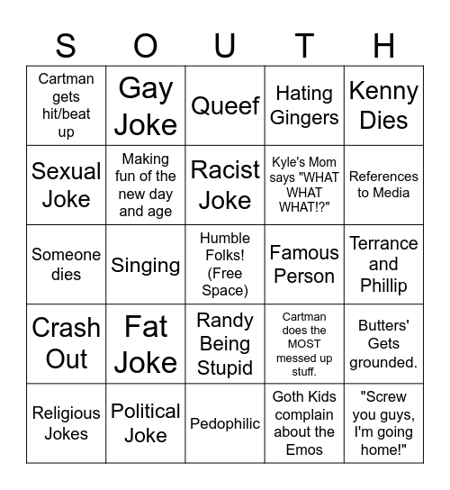 South Park Random Bingo Card