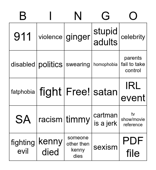 south park bingo Card