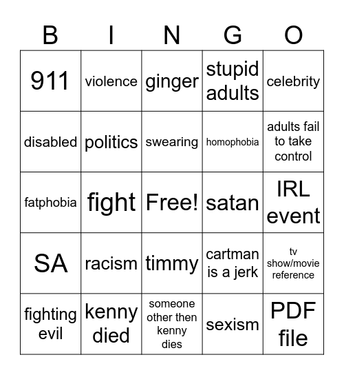 south park bingo Card