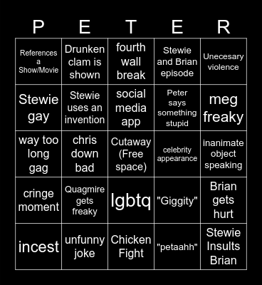 Family Guy Bingo Card