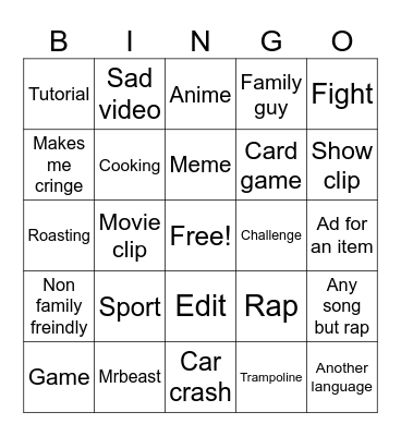 YouTube shorts bingo Card