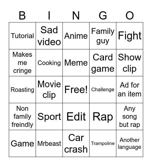 YouTube shorts bingo Card