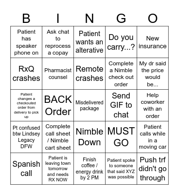 Customer Service Pharmacy Bingo Card