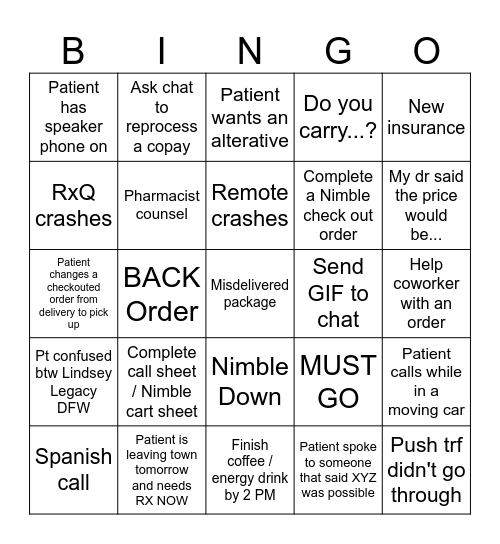 Customer Service Pharmacy Bingo Card