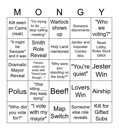 Mongy Monday Bingo Card