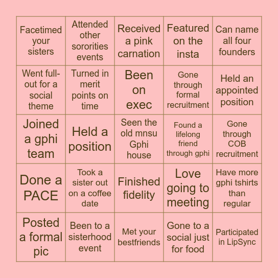 Gamma Phi Beta Bingo! Bingo Card