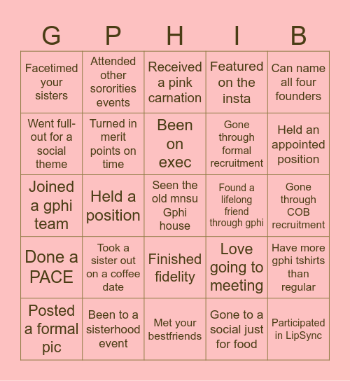 Gamma Phi Beta Bingo! Bingo Card