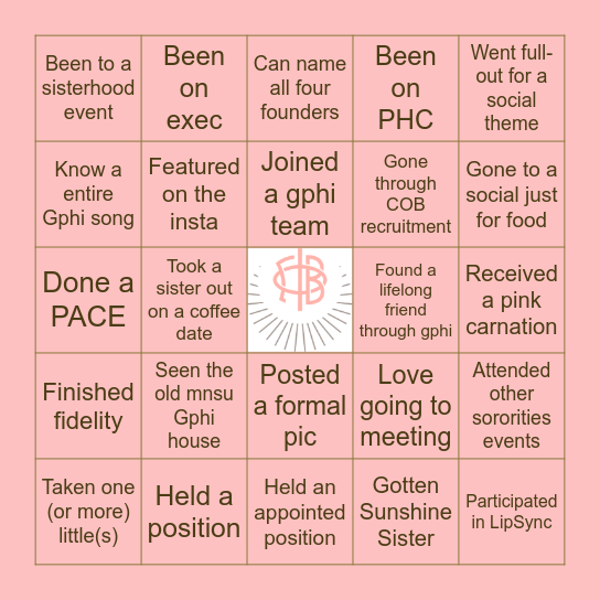 Gamma Phi Beta Bingo! Bingo Card