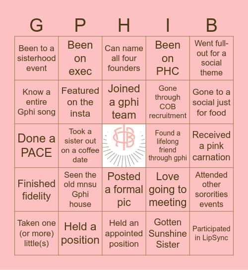 Gamma Phi Beta Bingo! Bingo Card