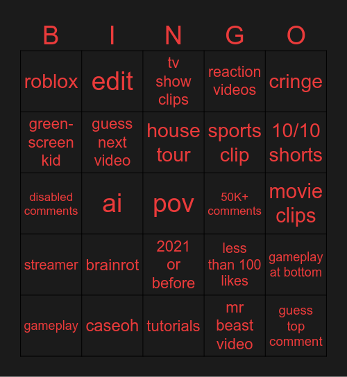 Youtube Shorts Bingo Card