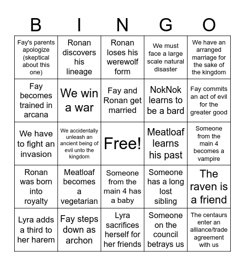 Kingdom Campaign Bingo Card