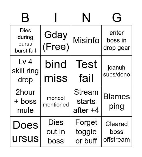 Dubsly stream bingo Card