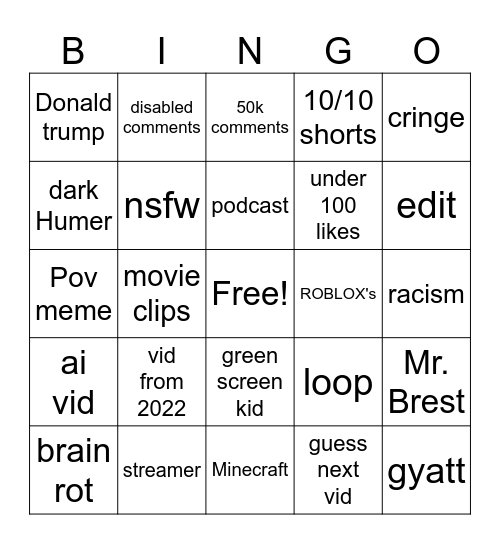 YouTube shorts bingo Card