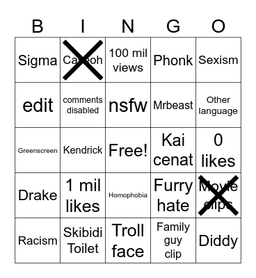 Youtube Shorts bingo Card