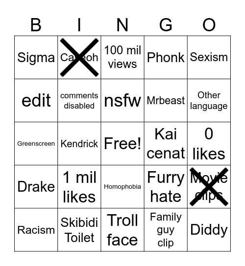 Youtube Shorts bingo Card