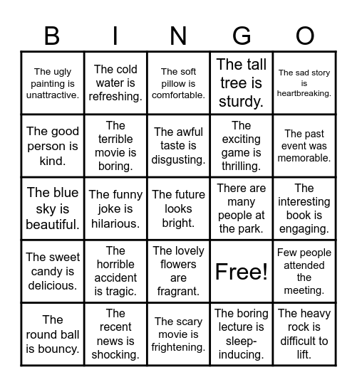 Adjective Bingo!!! Bingo Card