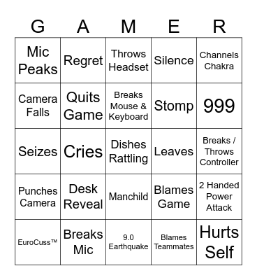 Gamer Rage Bingo Play-Along Bingo Card