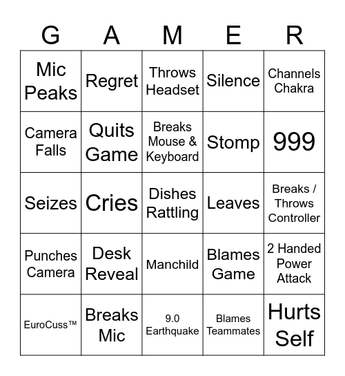 Gamer Rage Bingo Play-Along Bingo Card