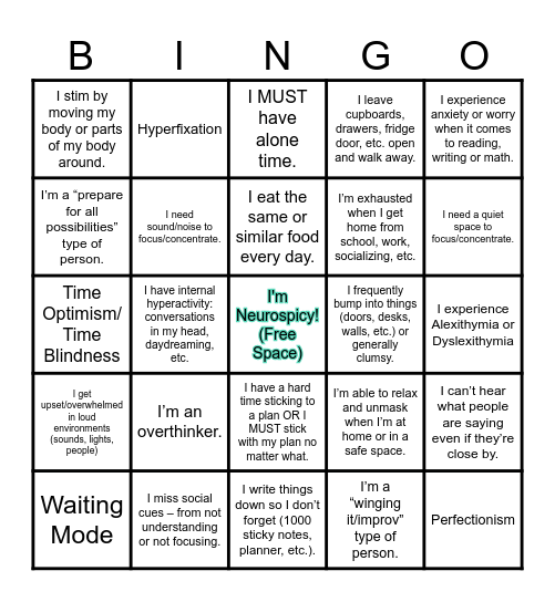 Neurodiversity Bingo REG Bingo Card