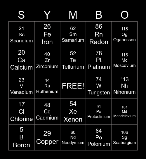 SYMBO SCIENCE 7 Bingo Card