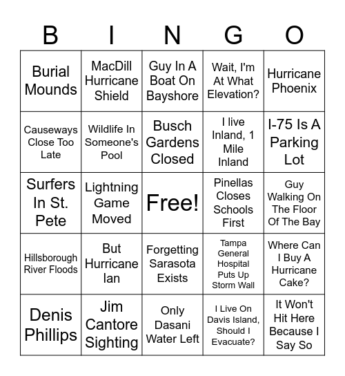 Tampa Bay Hurricane Bingo Card