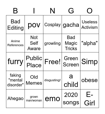 TikTok Cringe Bingo Card