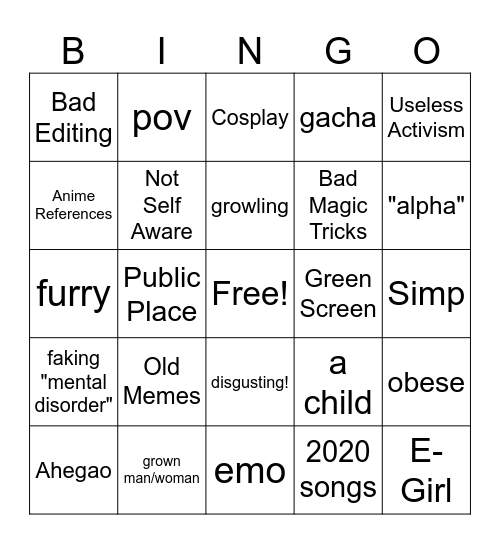 TikTok Cringe Bingo Card