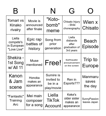 Love Live Superstar Season 3 Bingo Card Bingo Card