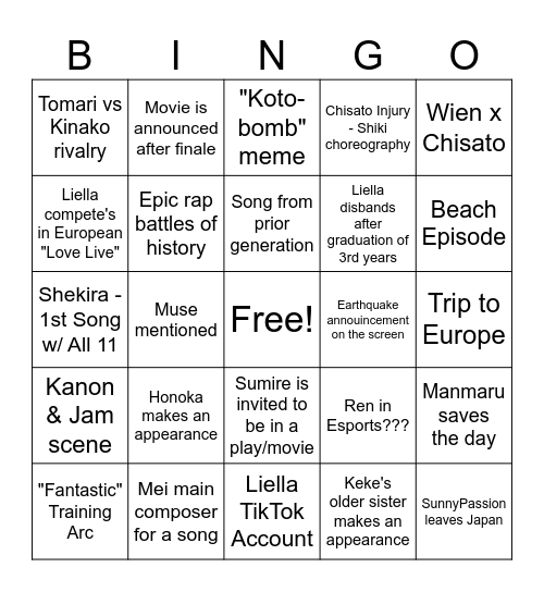 Love Live Superstar Season 3 Bingo Card Bingo Card