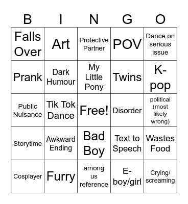 Cringe Tok Compilation Bingo Card