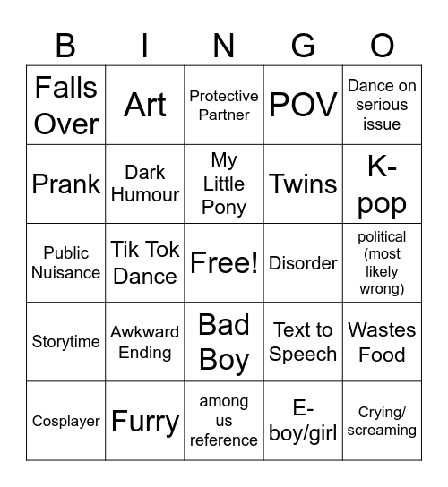 Cringe Tok Compilation Bingo Card