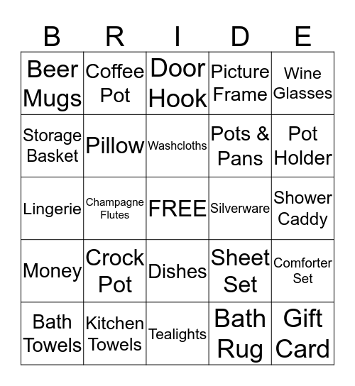 Toni's Bridal Shower Bingo Card