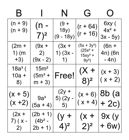 Polynomial Bingo Card