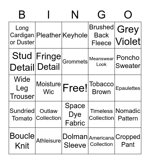 Fashion Bingo Card