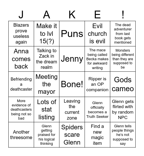 Jake! Bingo Card