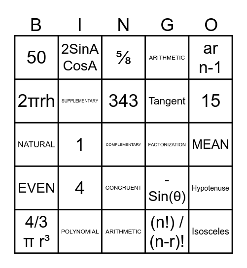 MATH - BINGO... Bingo Card